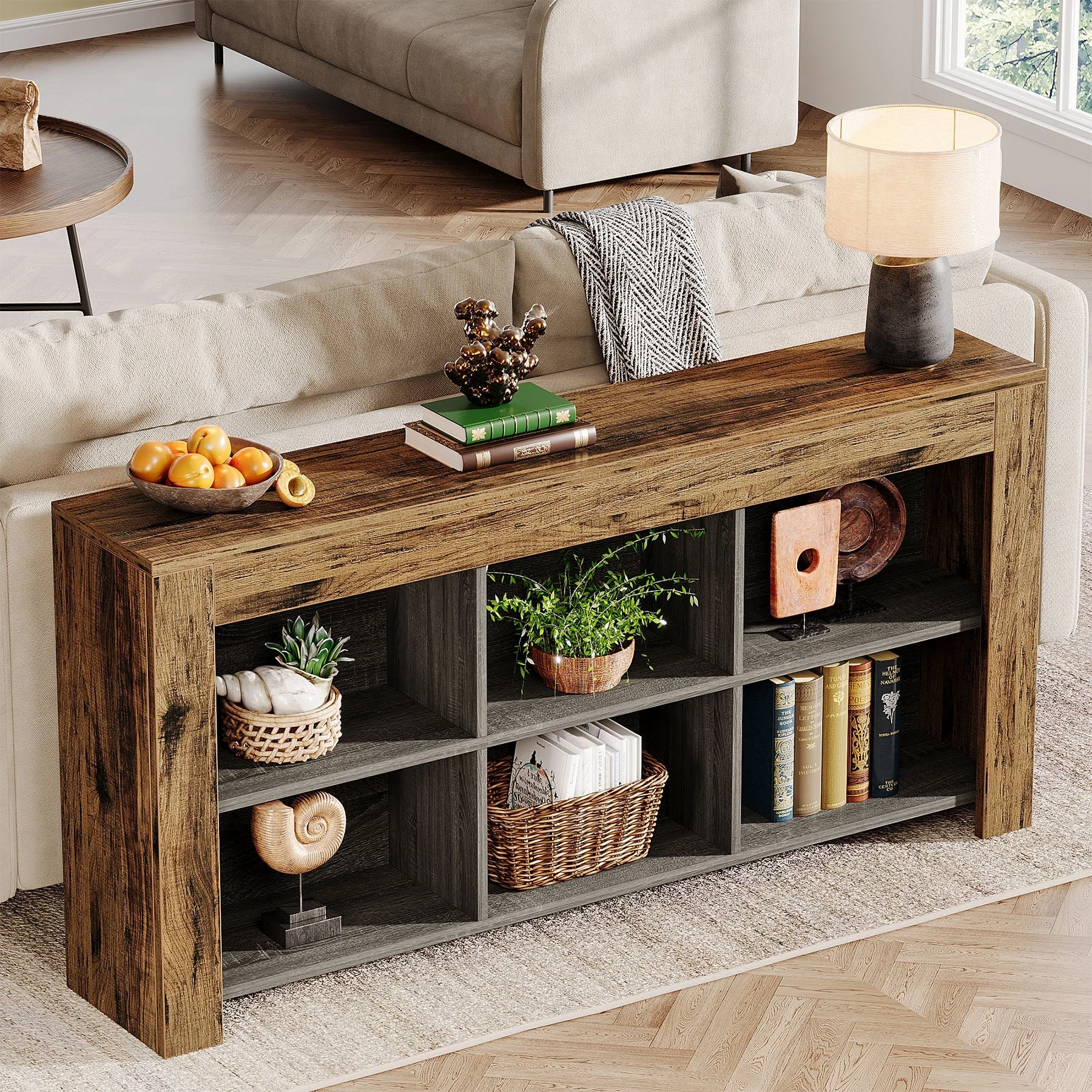 Wood Sofa Table, Rustic Console Table Entryway Table with 6 Storage Cubes