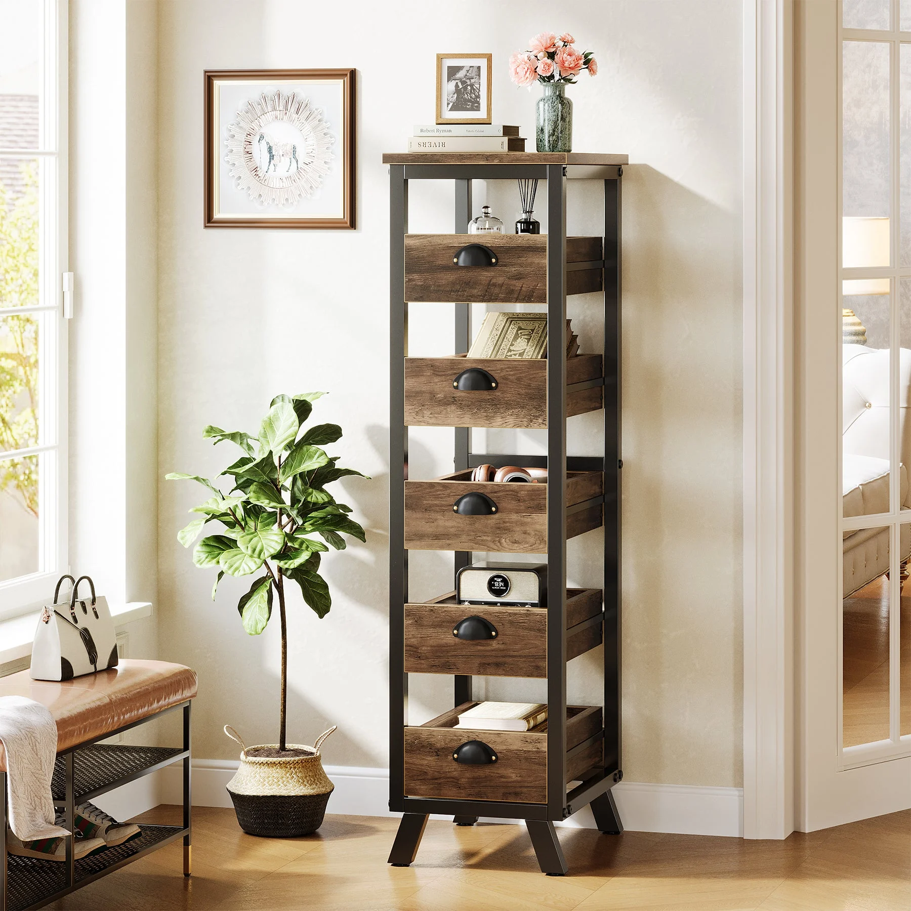 Wood Storage Rack, 5-Tier Fruit and Vegetable Basket Snack Stand