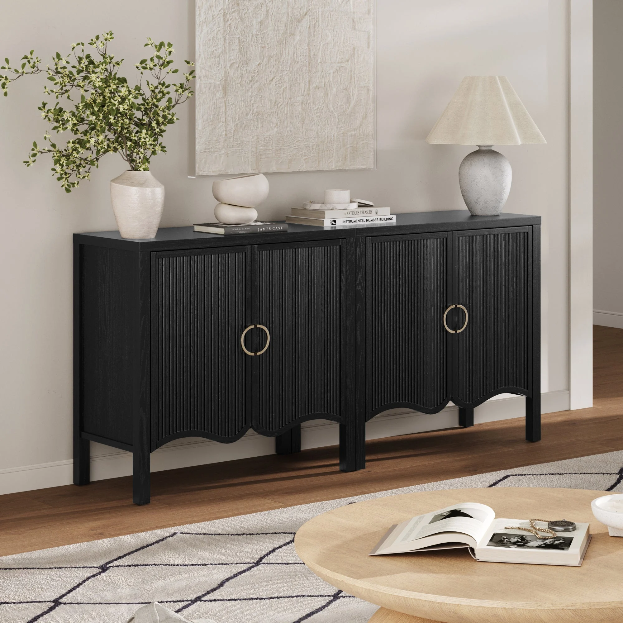 Wood Transitional Fluted Cabinet Credenza Black Oak (Set of 2)