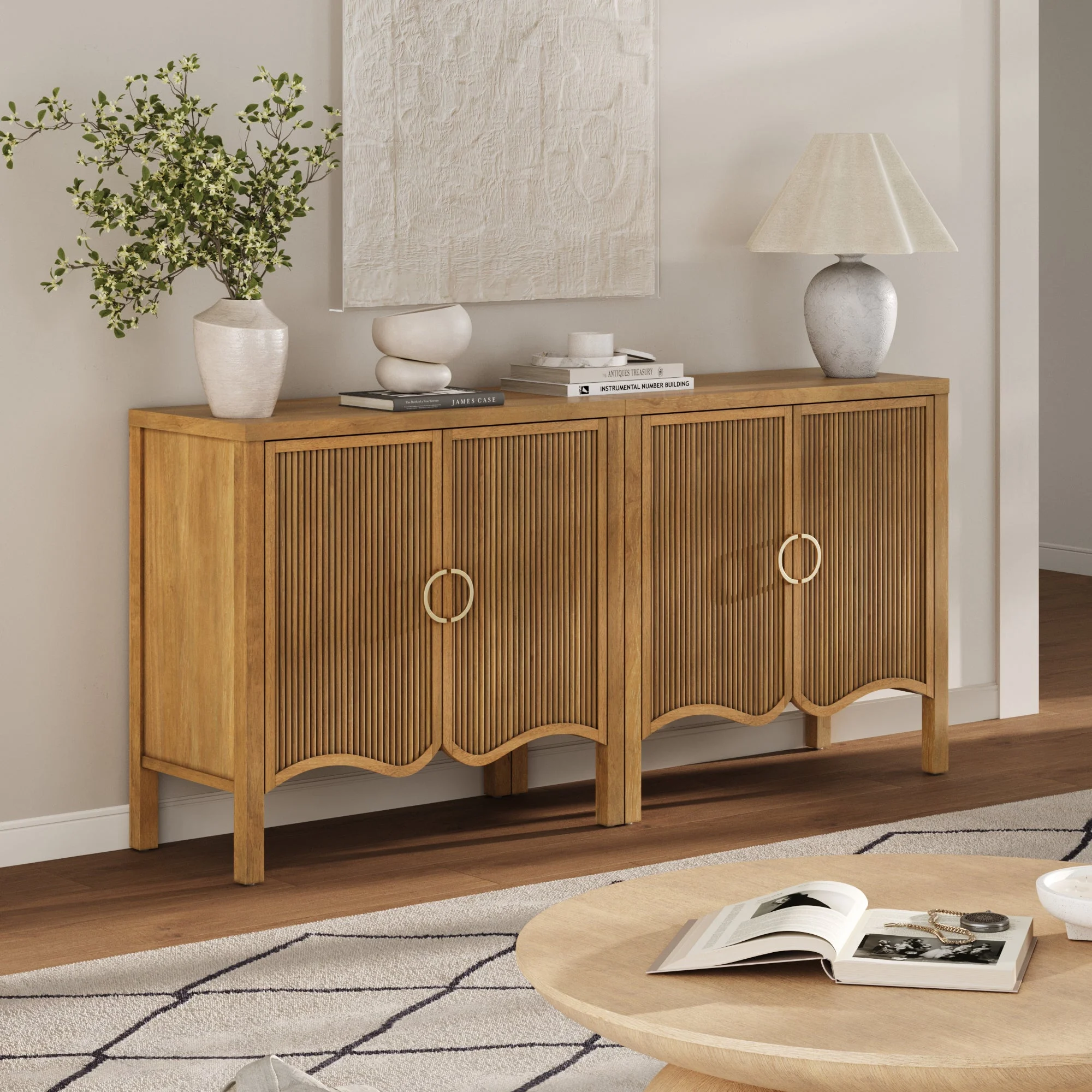 Wood Transitional Fluted Cabinet Credenza Light Brown (Set of 2)
