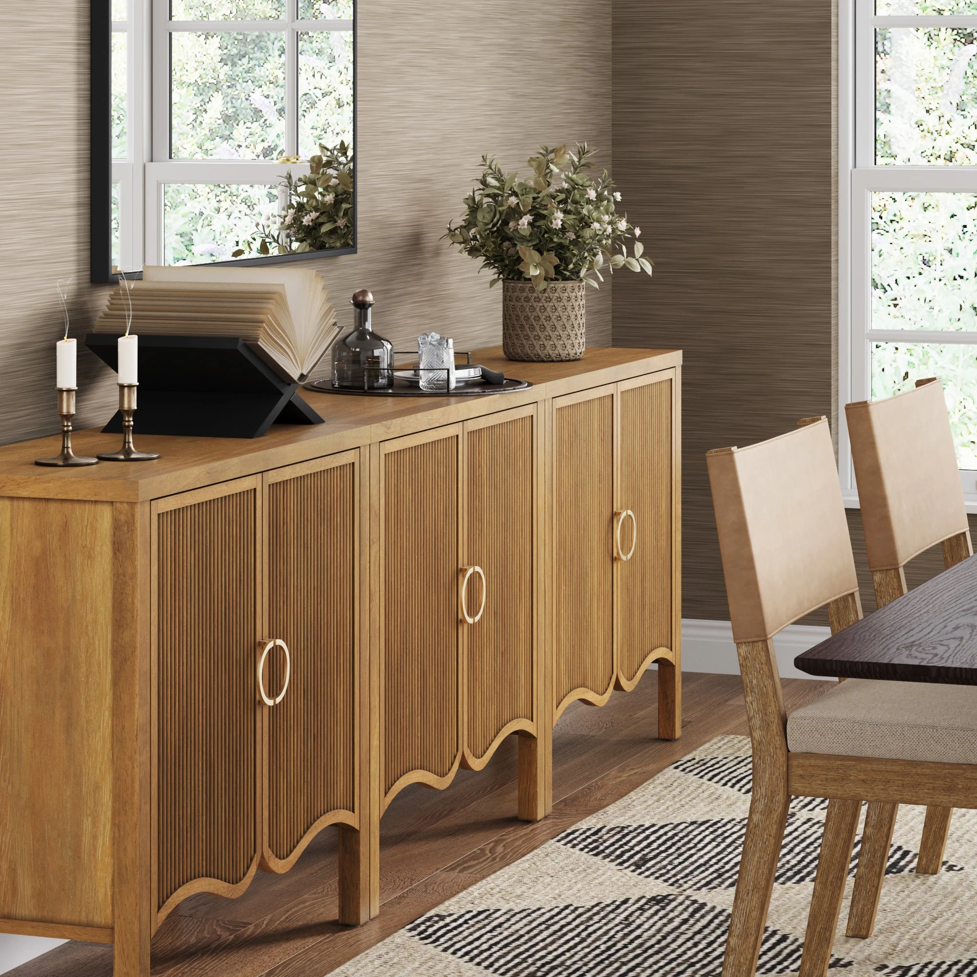 Wood Transitional Fluted Cabinet Credenza Light Brown (Set of 3)