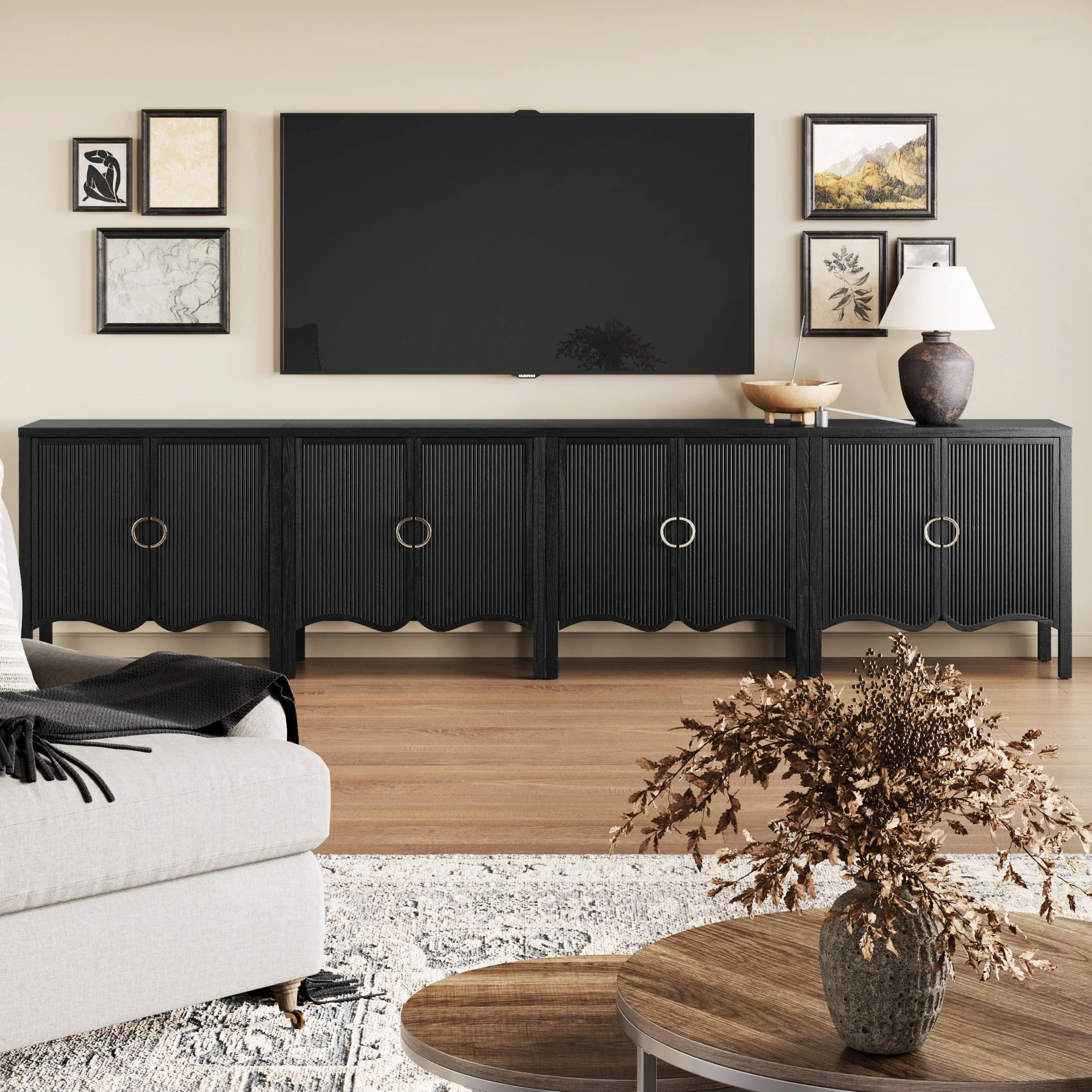 Wood Transitional Fluted TV Console Black Oak for TVs up to 100"