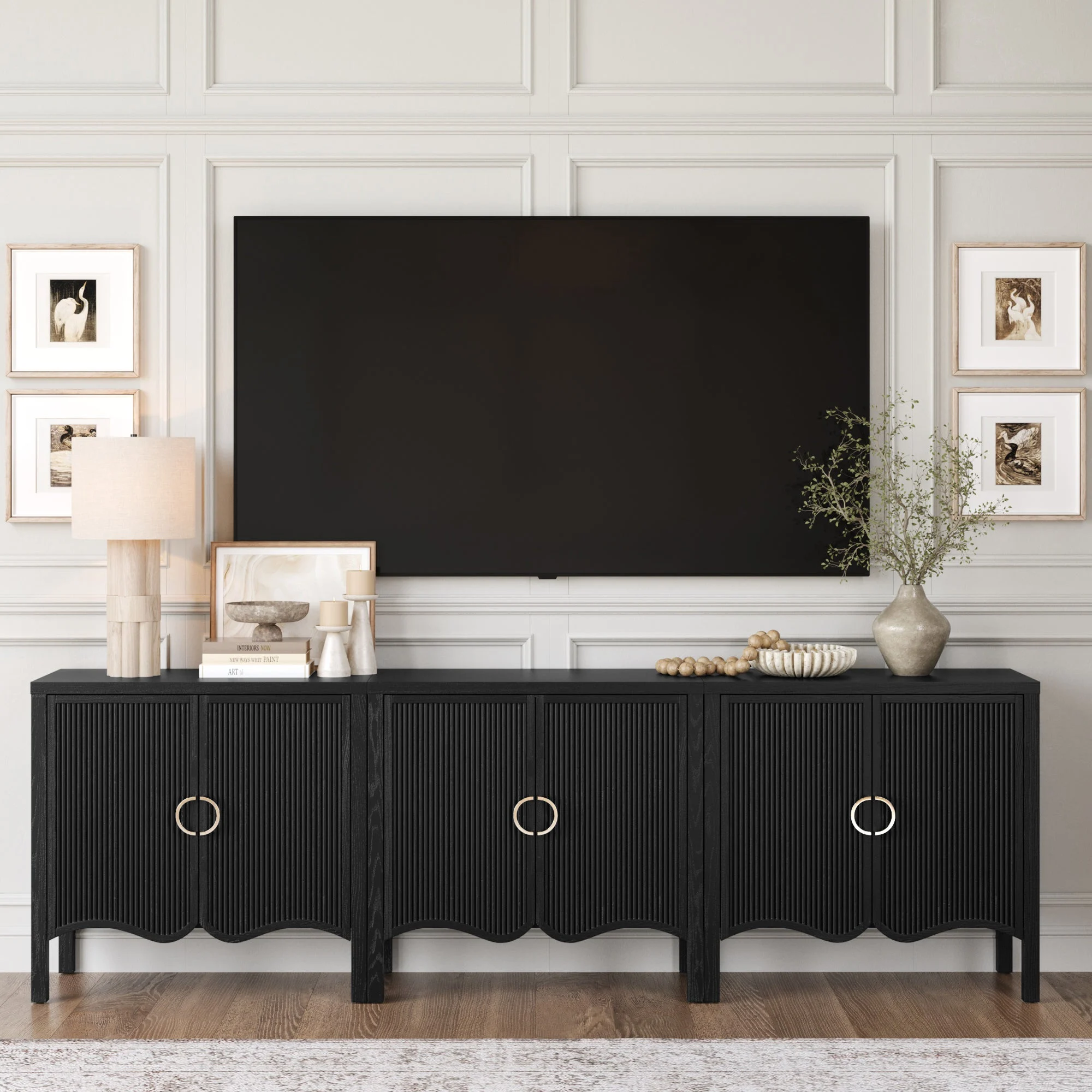 Wood Transitional Fluted TV Console Black Oak for TVs up to 75"
