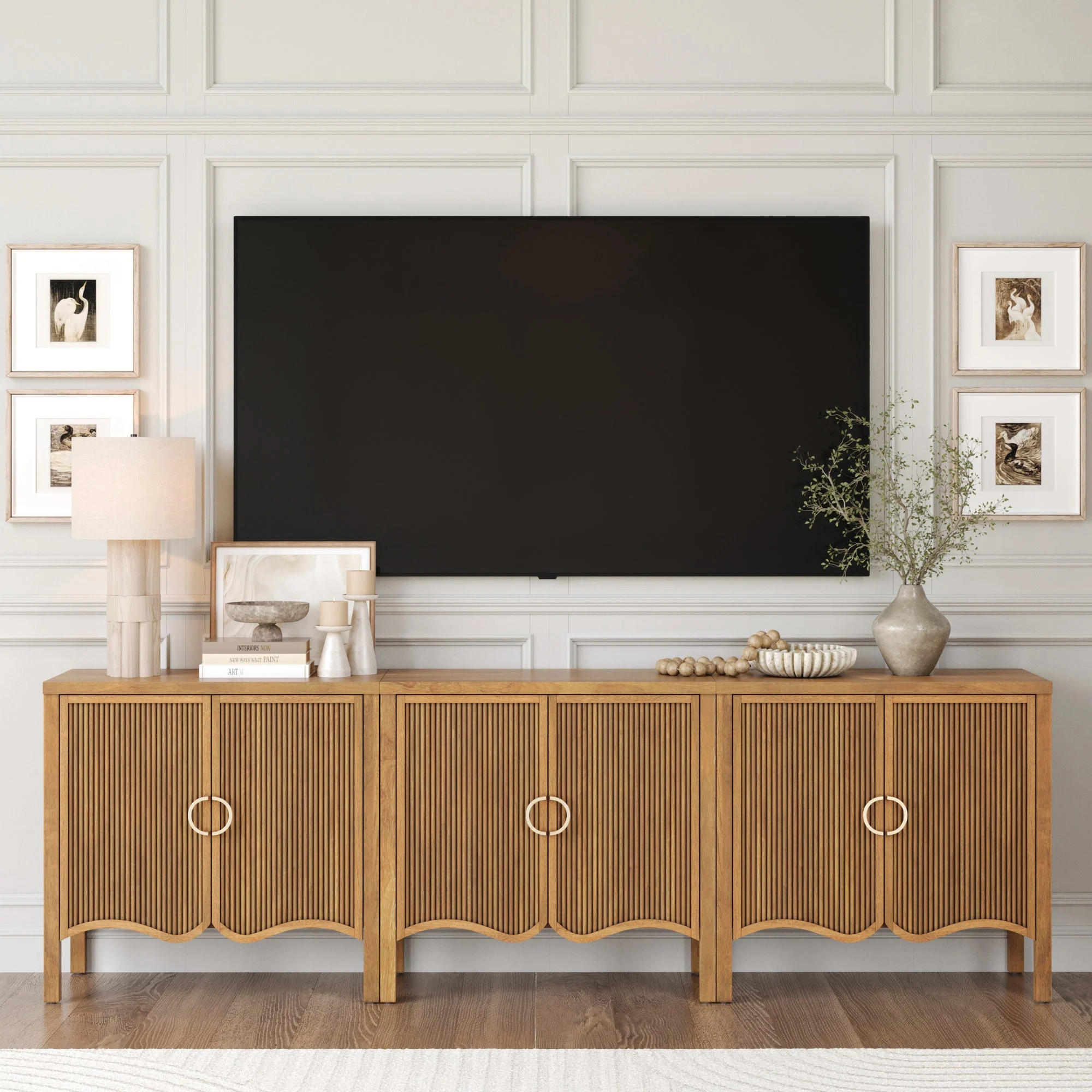 Wood Transitional Fluted TV Console Light Brown for TVs up to 75"