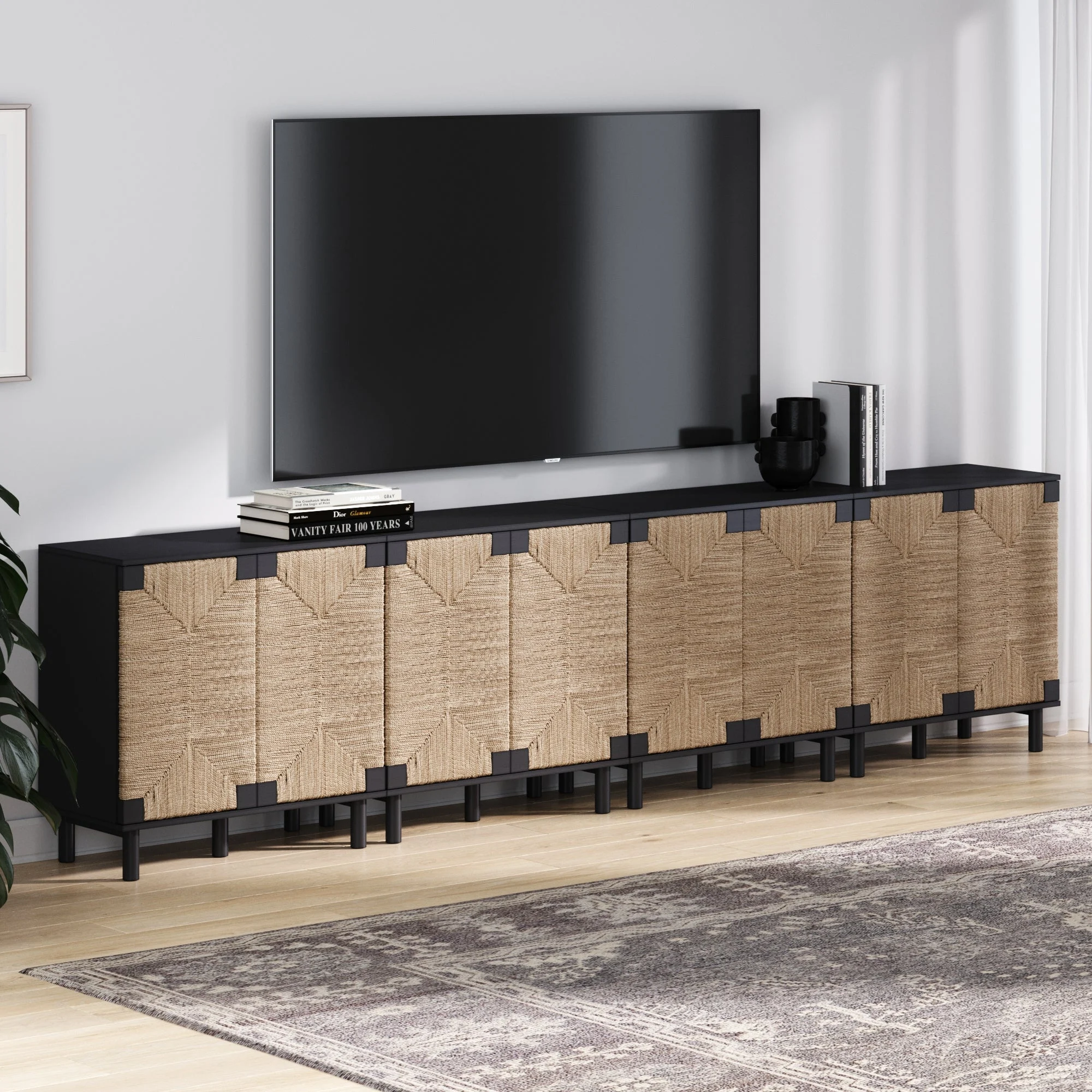 Wood TV Console for TVs up to 100" with Seagrass Doors Brushed Black