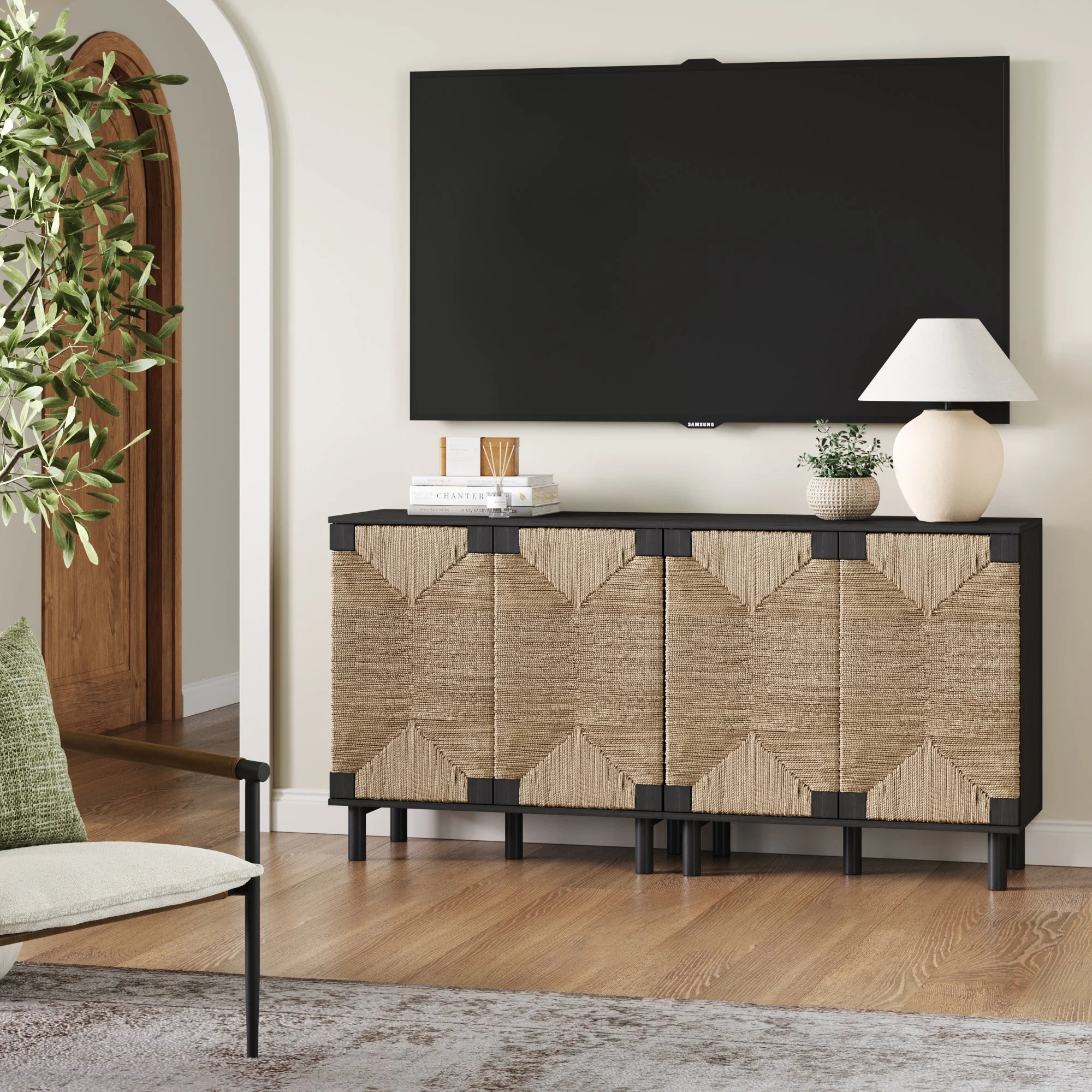 Wood TV Console for TVs up to 65" with Seagrass Doors Brushed Black