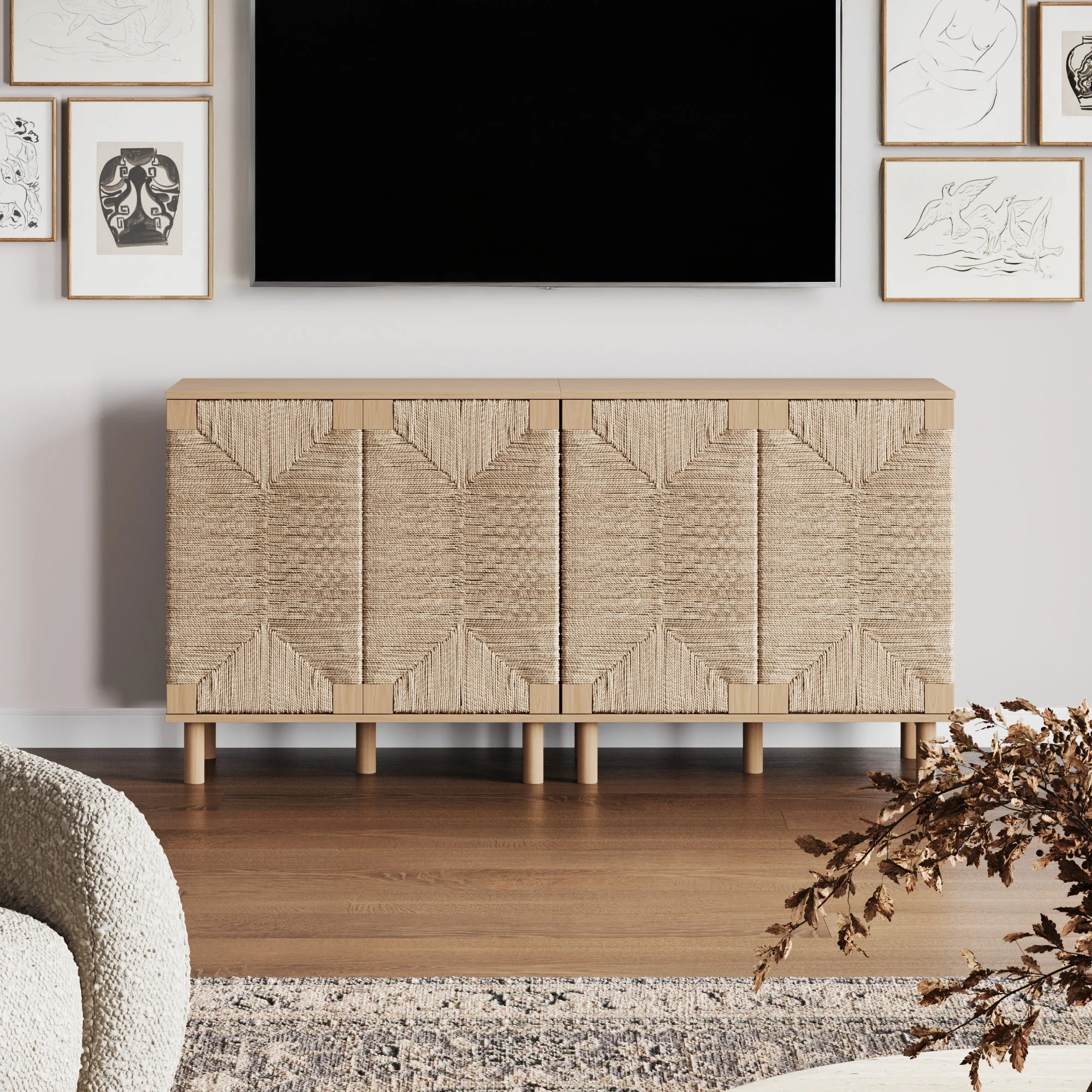 Wood TV Console for TVs up to 65" with Seagrass Doors Raw Oak