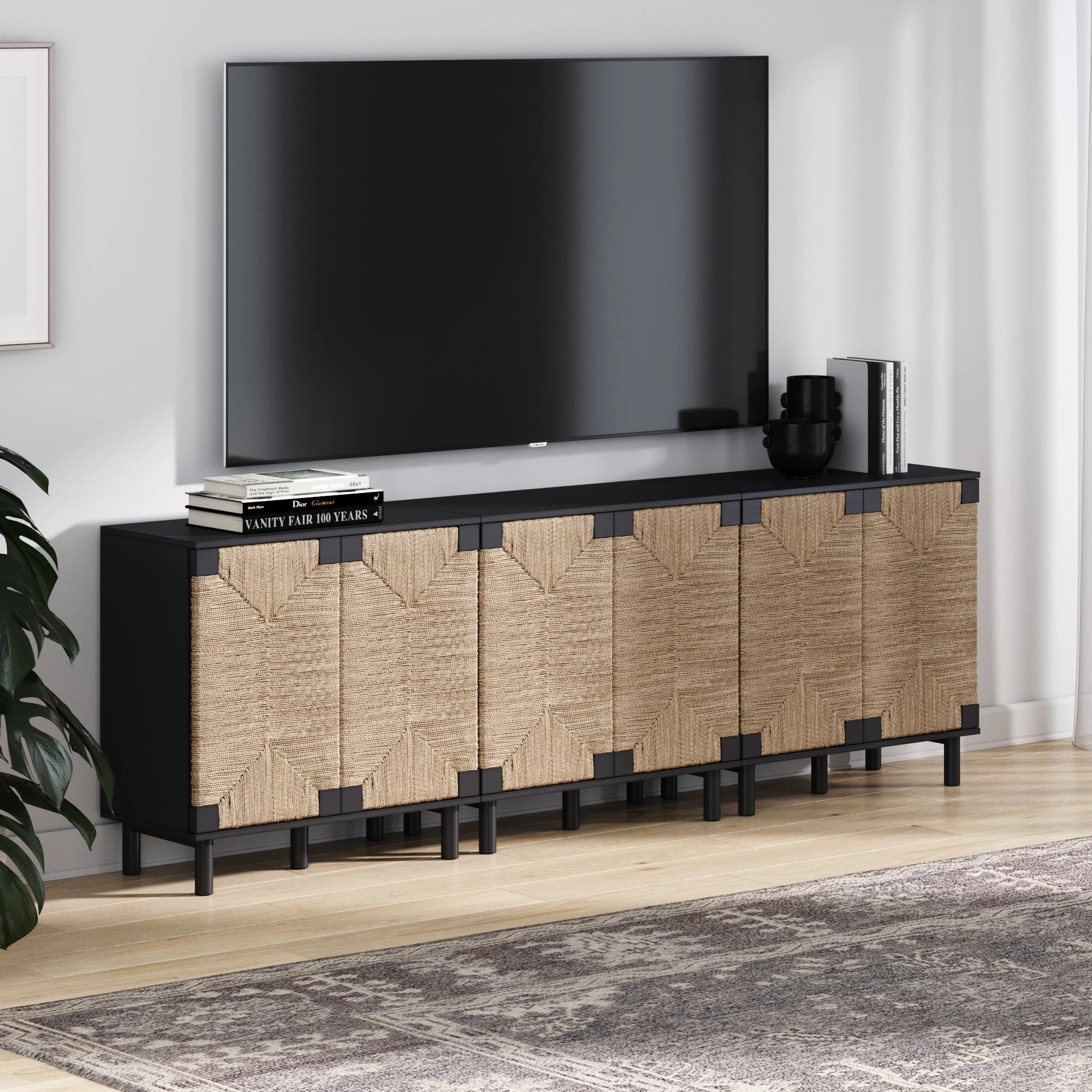 Wood TV Console for TVs up to 75" with Seagrass Doors Brushed Black