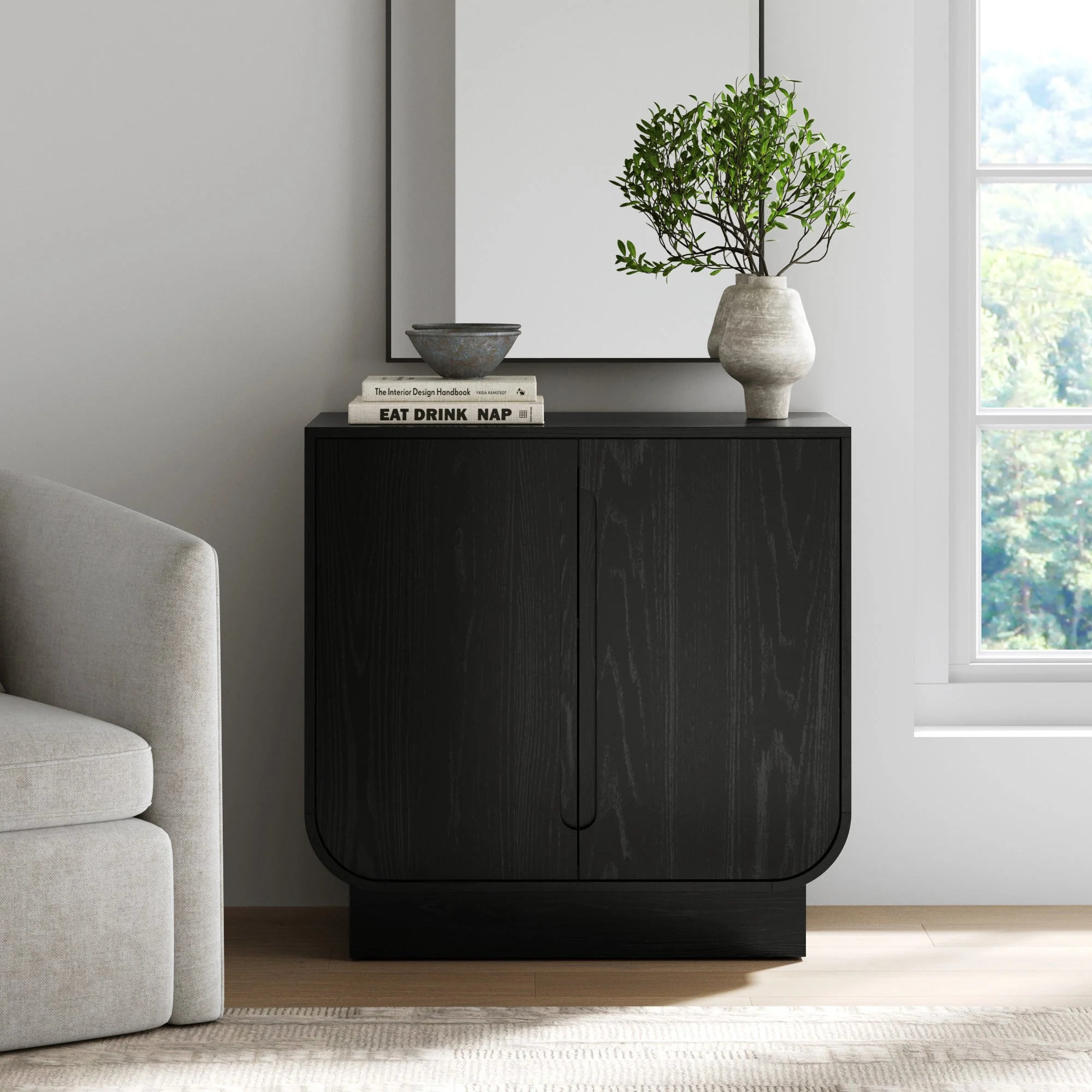 Wood Veneer Arched Accent Cabinet Black Oak