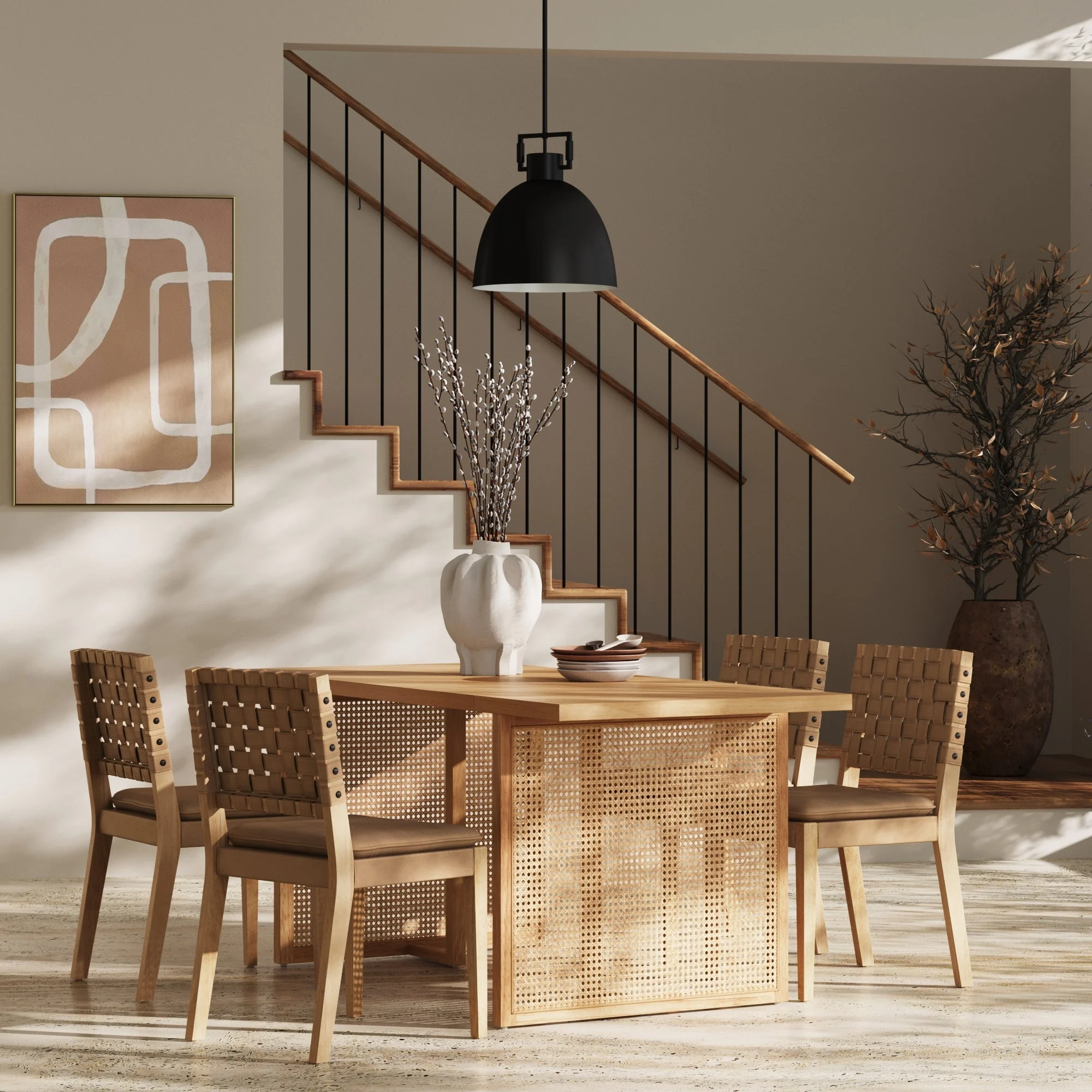 Woven Faux Leather & Rattan Dining Set (4 Chairs)